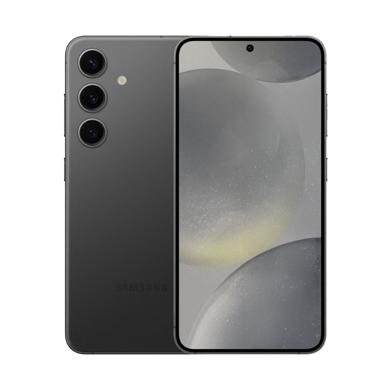 Front and back combo view of a used Galaxy S24+ in pristine shape, displaying its bright, scratch-free front screen alongside its clean, scuff-free metallic rear chassis.