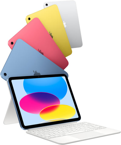 Tablet with keyboard in various colors on a white background. Front and back view of the redesigned Apple iPad 10th Generation 64GB Cellular model, featuring a large Liquid Retina display and a modern aluminum enclosure on a white background.