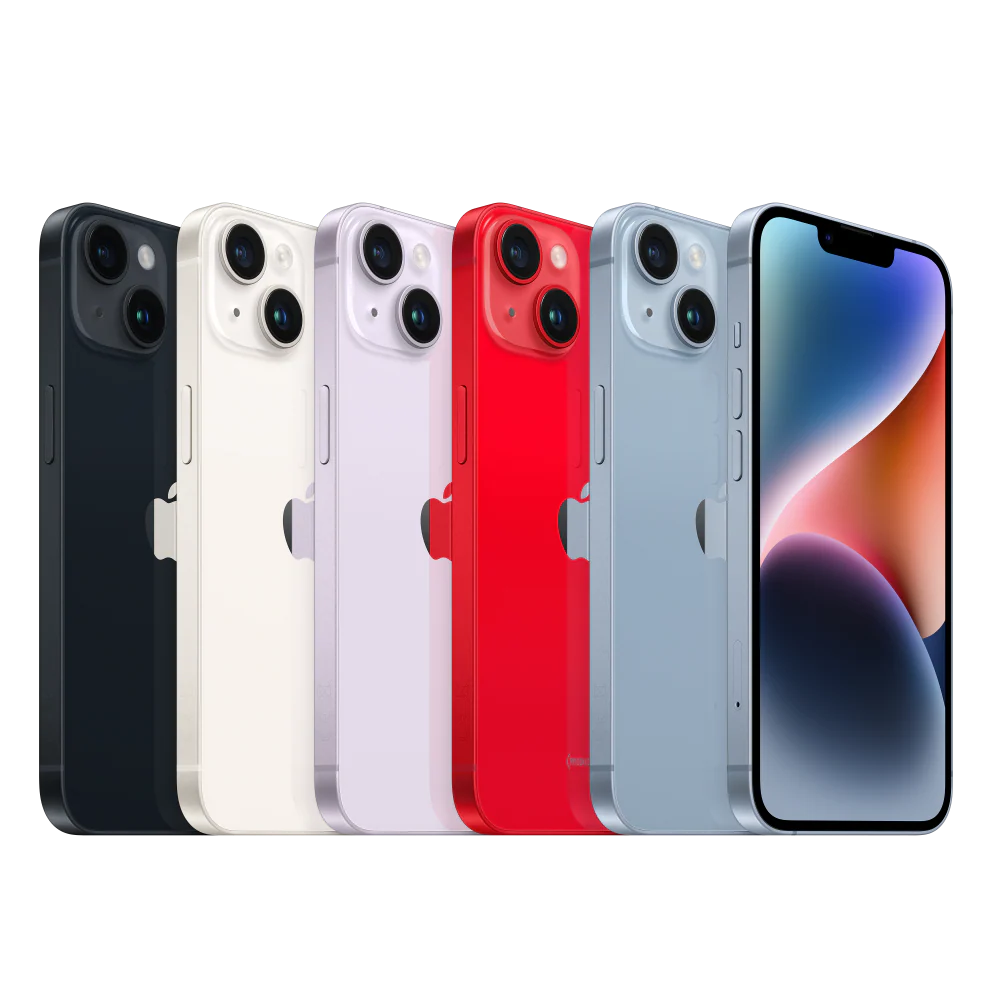 Studio combo view of a factory unlocked, pre-owned iPhone 14 in mint condition, displaying the immaculate ceramic shield front glass, flat aluminum side rails, and scuff-free rear panel.