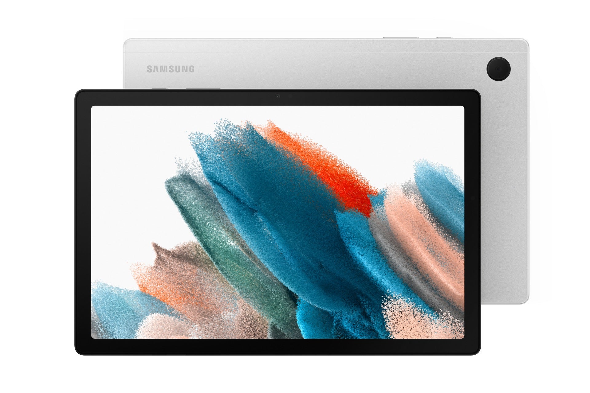 Samsung tablet with a colorful display on a white background