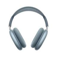 Pair of blue headphones on a white background. Front angled view of the premium Apple Air-Pods Max wireless over-ear headphones, featuring acoustic memory foam ear cushions and a breathable knit mesh canopy on a white background.