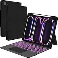 Black laptop case with a glowing keyboard design on a white background. : Angled view of the premium Apple Magic Keyboard for iPad Pro 13-inch M4, showcasing the tablet magnetically attached to the floating cantilever design, creating a laptop-like workstation setup.