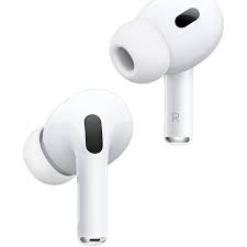 White wireless earbuds with black accents on a white background. Front view of the open Apple Air-Pods Pro 2nd Generation with Mag-Safe USB-C charging case, showcasing the premium true wireless earbuds with silicone ear tips on a white background.