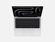 Isometric combo view of Apple MacBook Pro 14" M3, showcasing both the front Liquid Retina display and the side ports.