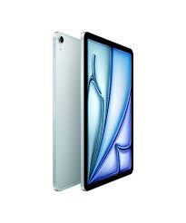 Two tablets, one open with a blue screen and the other closed, on a white background. Front and back view of the 11-inch Apple iPad Air 6th Generation M2 chip Cellular 5G model, featuring a Liquid Retina display and a premium aluminum enclosure on a white background.