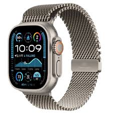 Smartwatch with a metallic mesh band on a white background. Front and angled view of the 49mm Apple Watch Ultra 2 GPS + Cellular model, featuring a rugged aerospace-grade titanium case and an ultra-bright Always-On Retina display on a clean background.