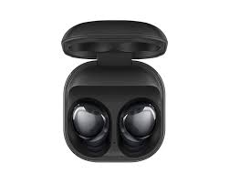 Front view of an open Galaxy Buds Pro charging case, showcasing the glossy, metallic-finished earbuds nested securely inside their matte square cradle.