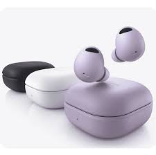 Purple wireless earbuds with charging case on a white background. Front view of the open Samsung Galaxy Buds2 Pro wireless charging case, showcasing the premium matte-finish true wireless earbuds inside their matching compact cradle.