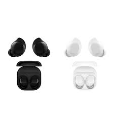 Black wireless earbuds with charging case and ear tips on a white background. Front view of the open Samsung Galaxy Buds Core true wireless earbuds charging case, showcasing the compact matte finish earbuds nestled safely in their charging cradle.