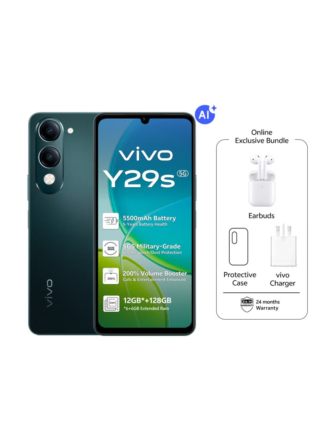 Front and back combo view of Vivo Y29s AI 5G 128GB edition, displaying the vivid display panel alongside its slim, ergonomic body.