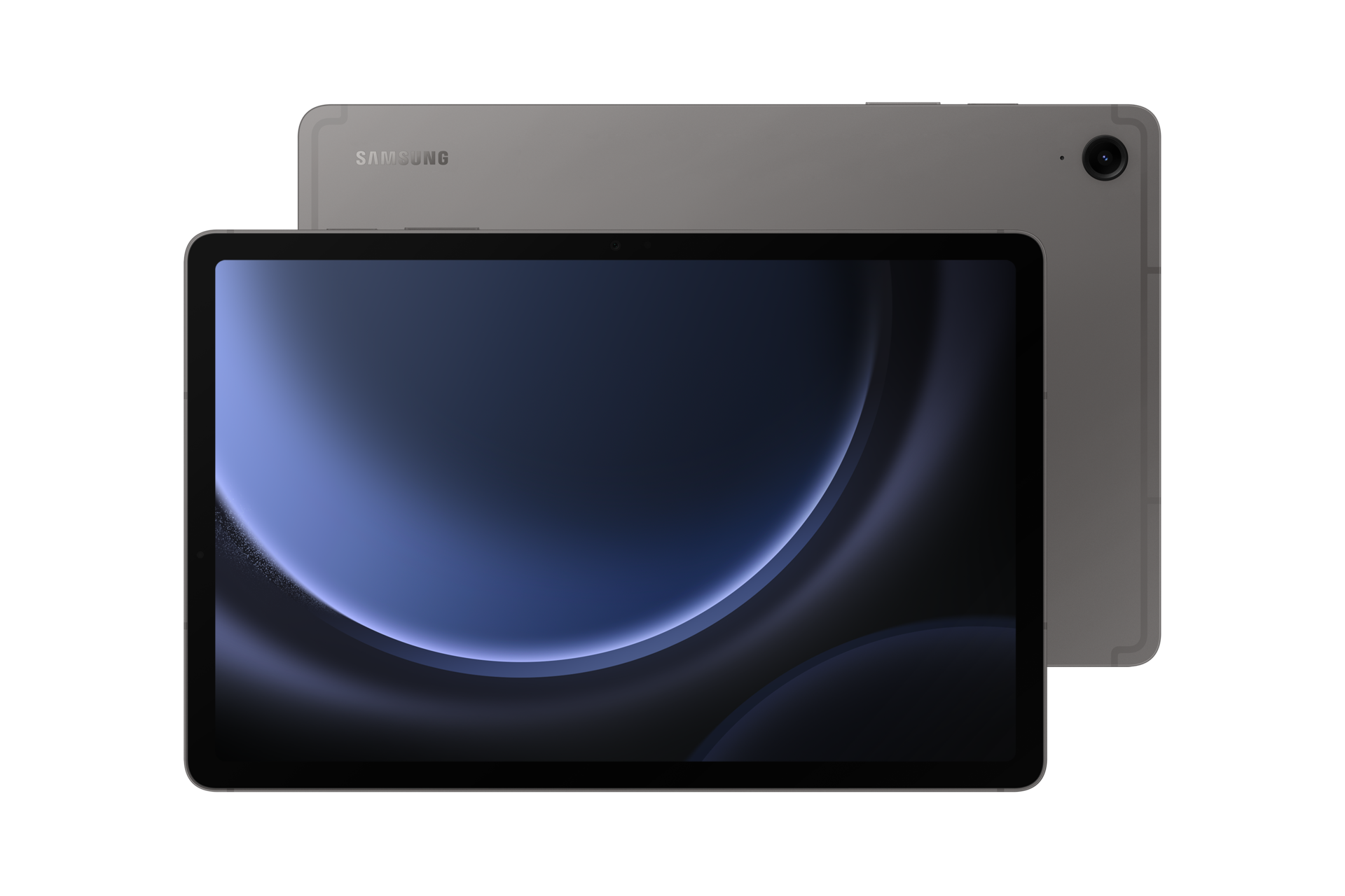 Product line-up of Galaxy Tab S9 FE+ Wi-Fi edition, showcasing the 12.4-inch screen, minimalist rear design, and sharp side profile.