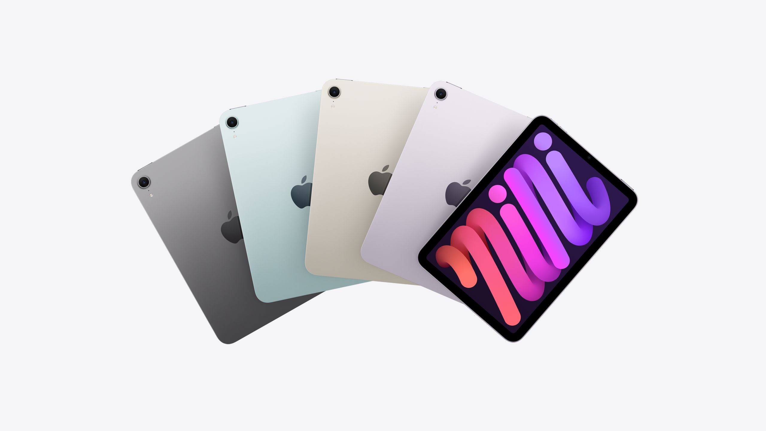 Five different colored tablets on a white background. Front and back view of the 10.5-inch Apple iPad Air 3rd Generation 64GB Cellular model, featuring a Retina display with thin side bezels and a premium aluminum enclosure on a white background. 