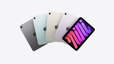 Five different colored tablets on a white background. Front and back view of the 10.5-inch Apple iPad Air 3rd Generation 64GB Cellular model, featuring a Retina display with thin side bezels and a premium aluminum enclosure on a white background. 