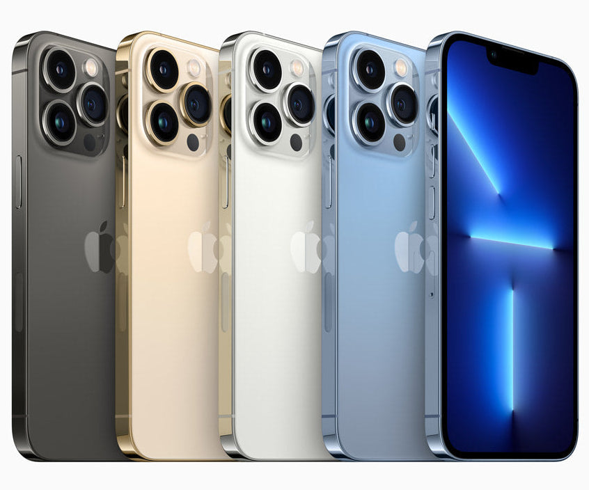 Four iPhone Apple iPhone 13 Pro MAX models in different colors displayed side by side.