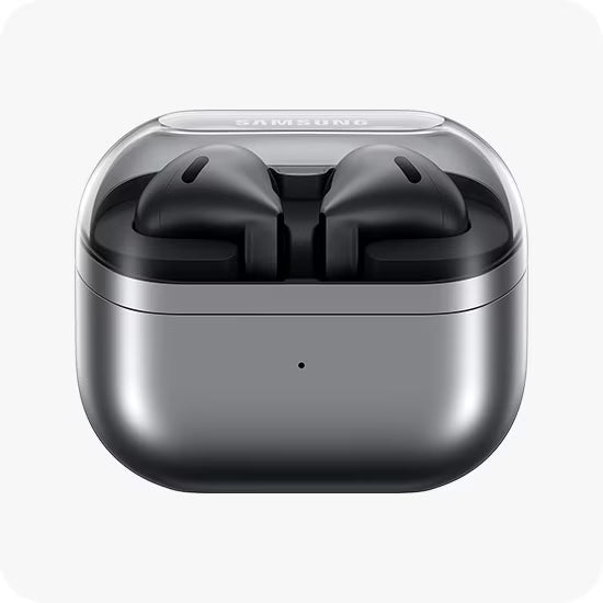 Samsung wireless earbuds in charging case on a white background