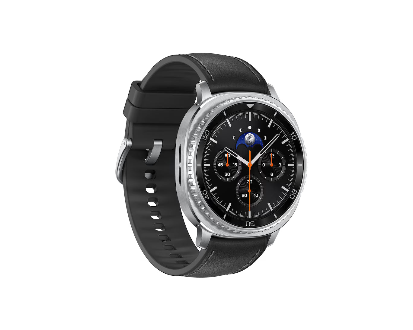 Smartwatch with black leather strap and detailed face on a white background