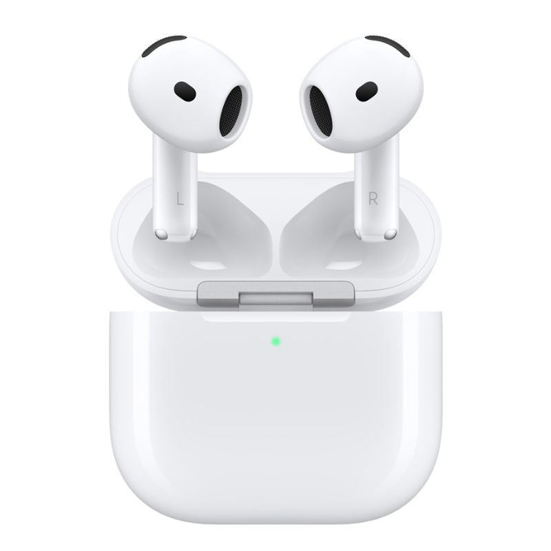 White wireless earbuds with charging case on a white background. Angled floating view of the Apple Air-Pods 4th Generation true wireless earbuds alongside their open charging case, showcasing the complete glossy white audio setup.