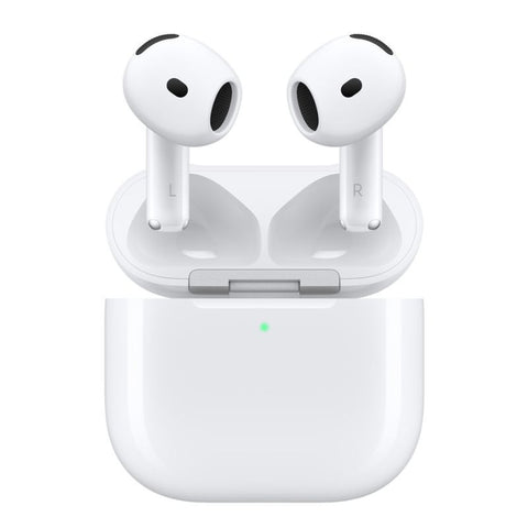 White wireless earbuds with charging case on a white background. Front view of the open Apple Air-Pods 4th Generation true wireless earbuds charging case, showcasing the redesigned glossy white open-ear earbuds on a clean white background.
