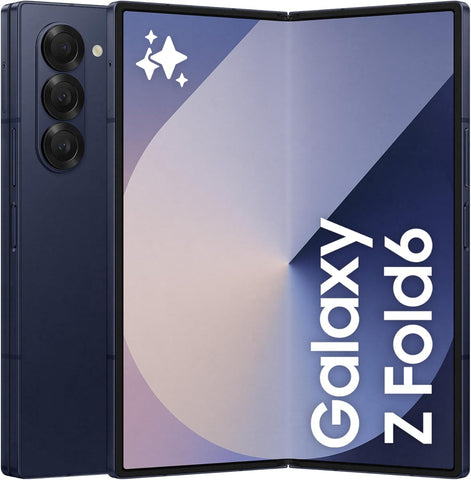 The completely closed brand new Samsung Galaxy Z Fold 6 Factory Unlocked smartphone, highlighting the tall, fully functional external cover screen display and slim premium hinge design.