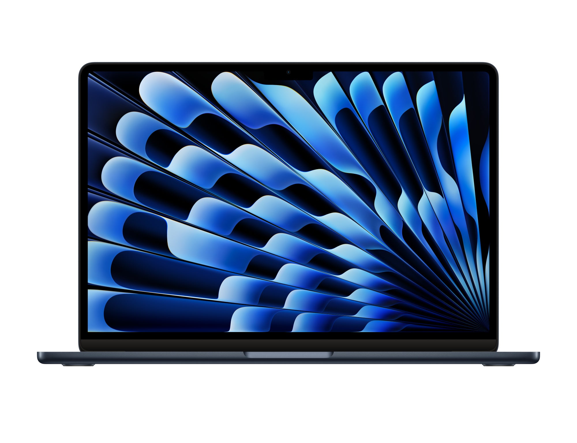 Front shot of open 15-inch MacBook Air M5 laptop, displaying the ultra-thin aluminum enclosure and vibrant desktop wallpaper.