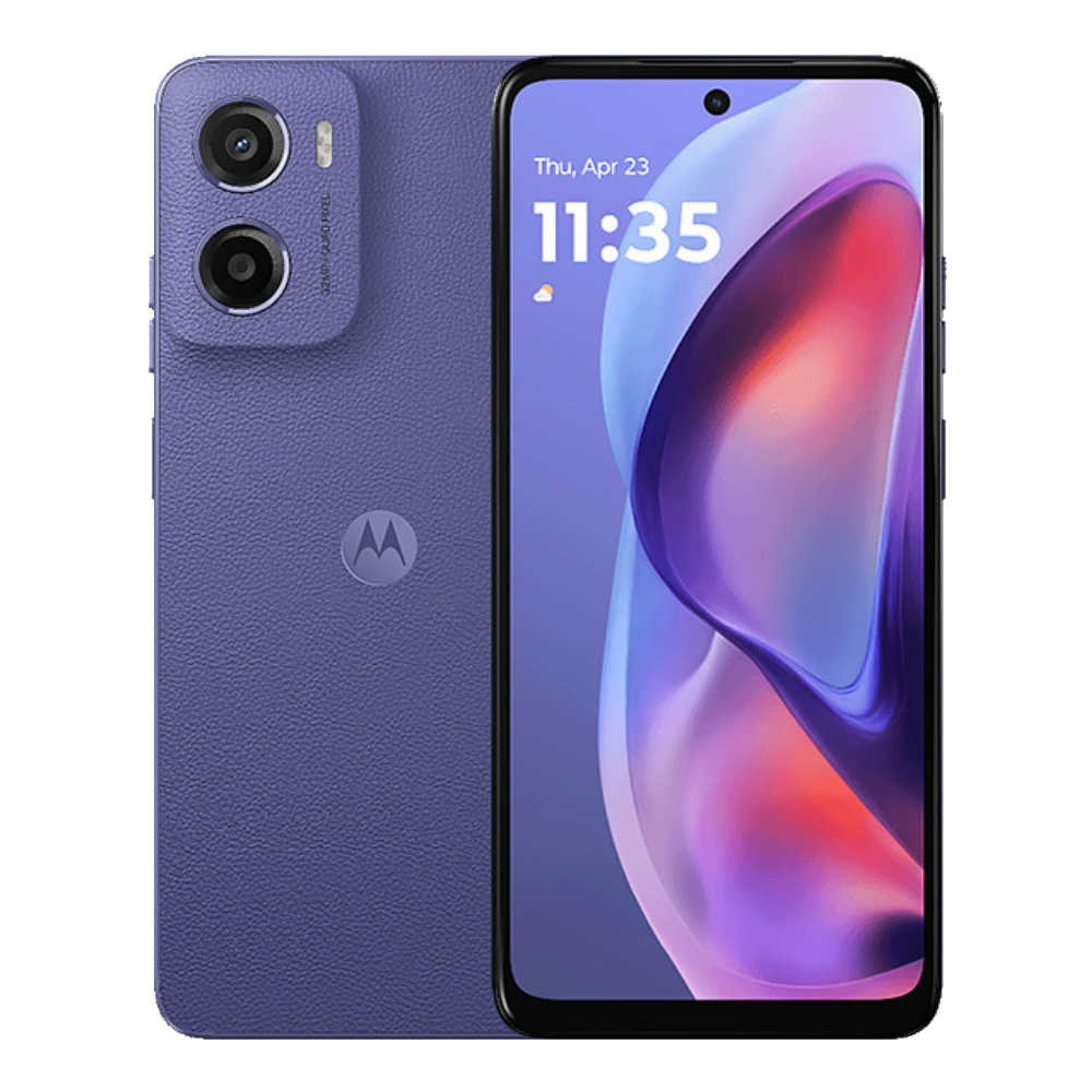 moto-e15 Purple smartphone showing front and back on a white background