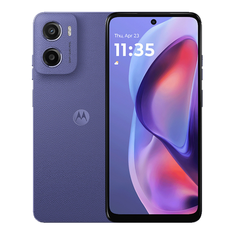 moto-e15 Purple smartphone showing front and back on a white background