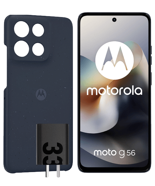 Front and back combo view of Motorola Moto G56 5G, displaying the crisp 120Hz FHD+ screen alongside its sleek, modern chassis and rear camera layout.