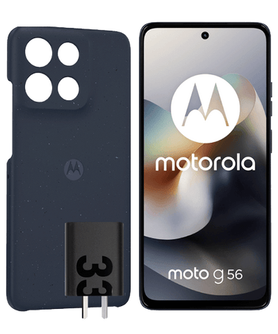 Front and back combo view of Motorola Moto G56 5G, displaying the crisp 120Hz FHD+ screen alongside its sleek, modern chassis and rear camera layout.