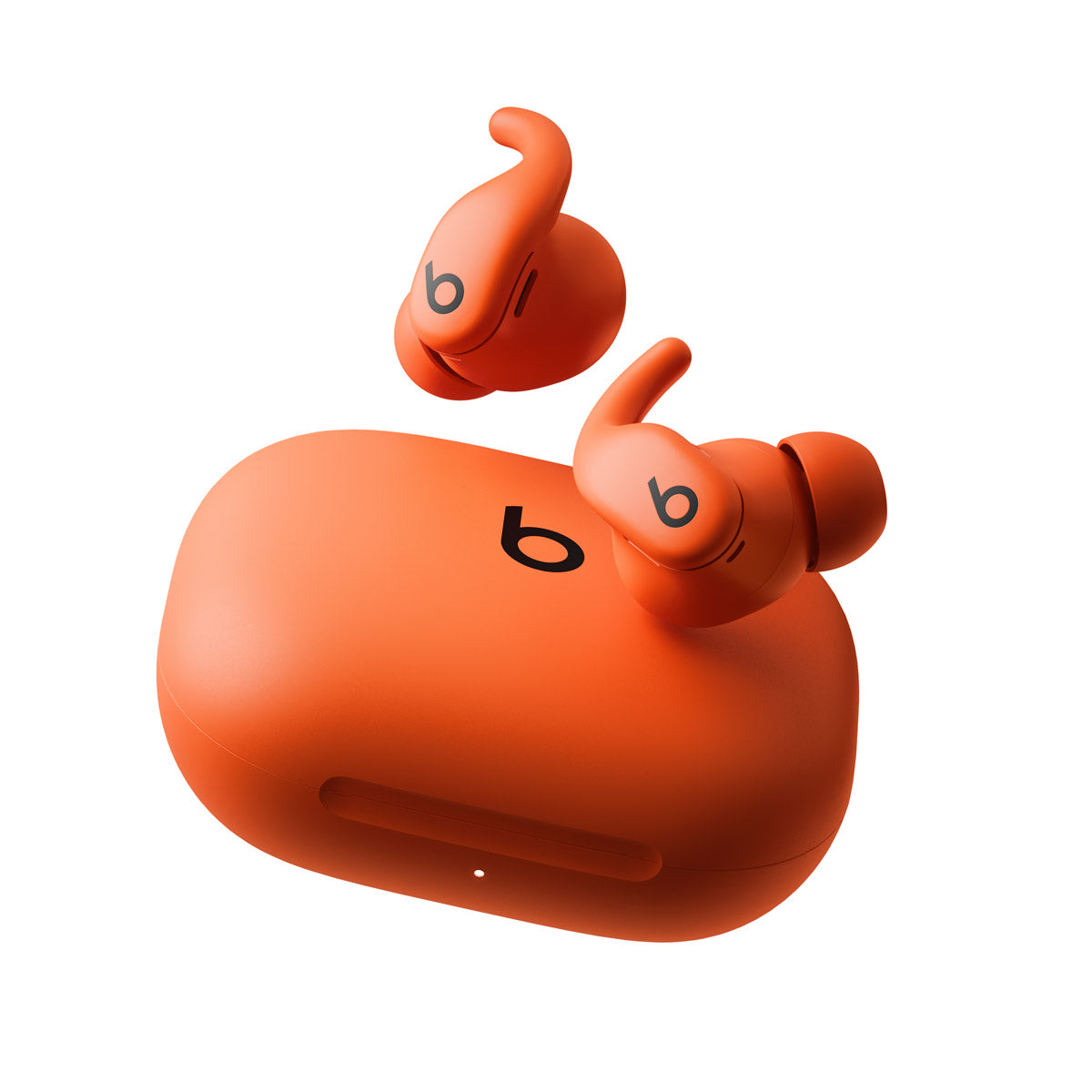 Front profile of a single Beats Power-beats Fit earbud, displaying the flexible ear hook and external ANC microphone mesh.