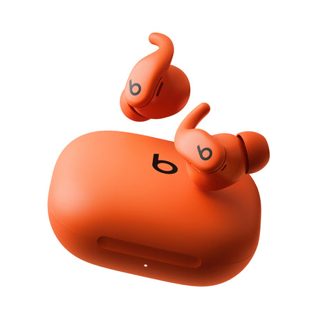Front profile of a single Beats Power-beats Fit earbud, displaying the flexible ear hook and external ANC microphone mesh.