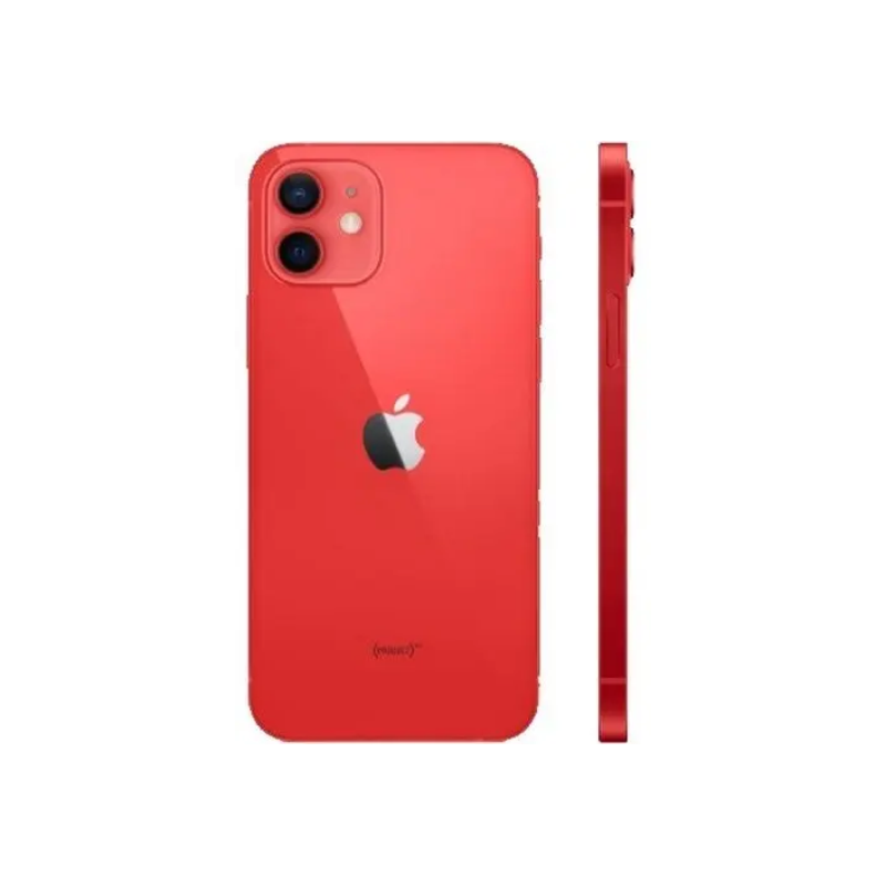 Red iPhone 12 with dual camera, Apple logo, and side profile view
