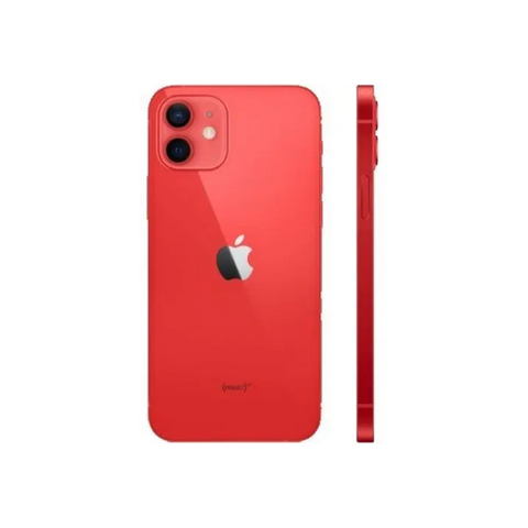 Red iPhone 12 with dual camera, Apple logo, and side profile view