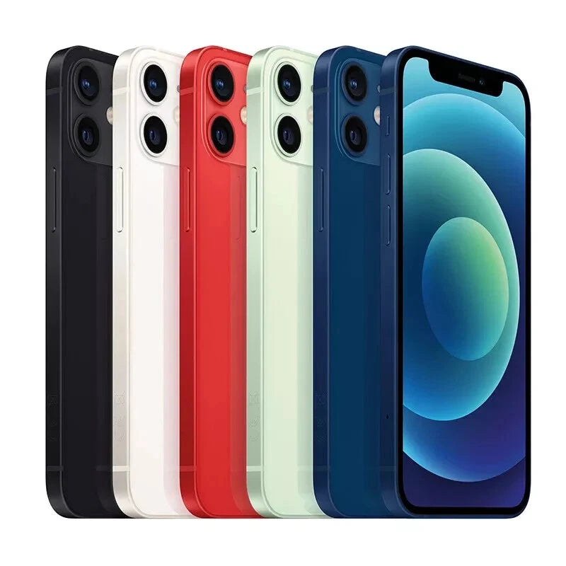 Row of smartphones in black, white, red, green, blue, and purple on a white background. Front and back view of the ultra-compact Apple iPhone 12 Mini, showcasing the flat-edge Super Retina XDR display and the smooth glossy glass back panel.