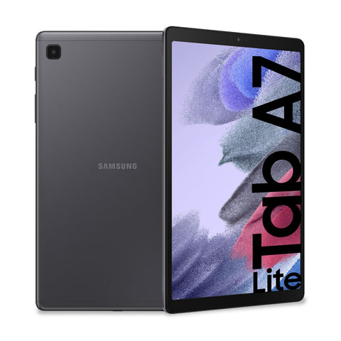 Samsung tablet with 'Tab A7 Lite' on the screen, showing front and back views.