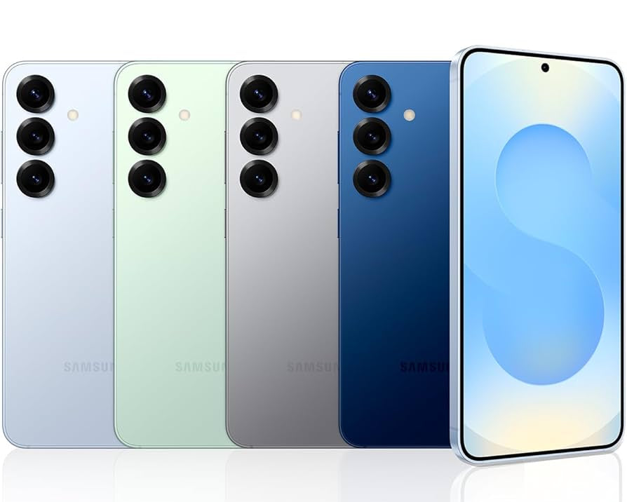 Samsung Galaxy S25 smartphone with four color options on a white background. Front and back view of the Samsung Galaxy S25 smartphone, showcasing the flat Dynamic AMOLED 2X display with ultra-narrow uniform bezels and a clean matte-finish rear glass panel.