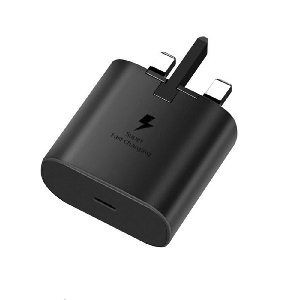Straight-on front view of a Samsung 25W wall charger, highlighting the clean matte texture, debossed Samsung branding, and the vertical alignment of the electrical prongs.