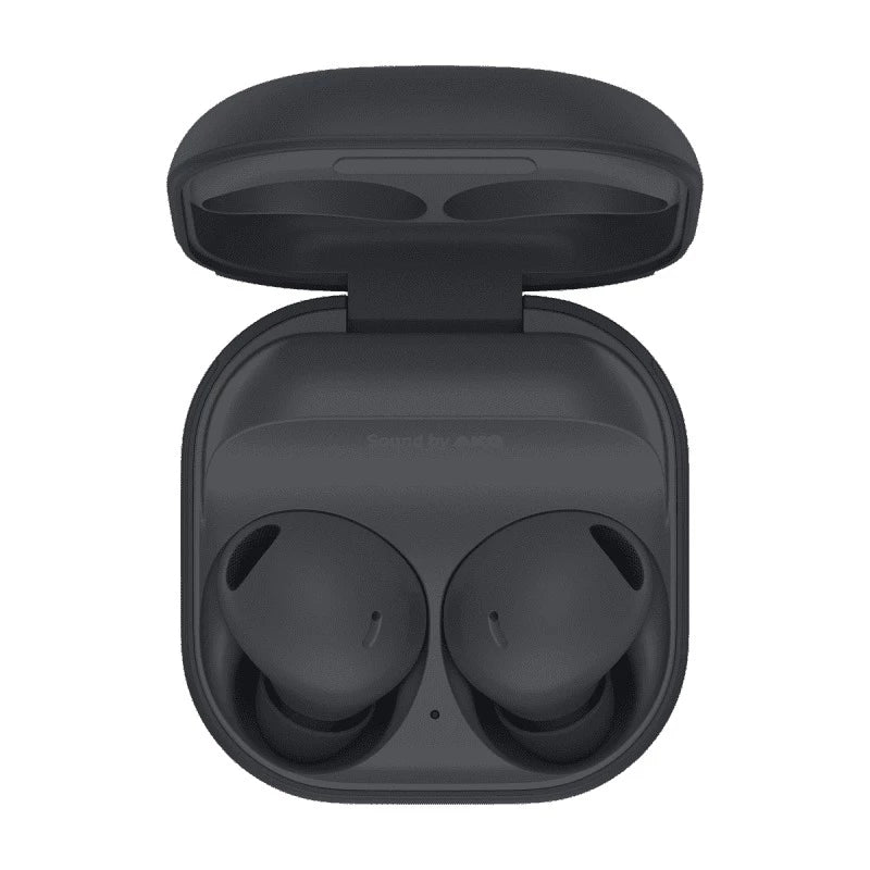 Front view of an open Galaxy Buds 2 charging case, showcasing the dual-tone design with a white exterior shell and a coloured interior nesting the two glossy earbuds.