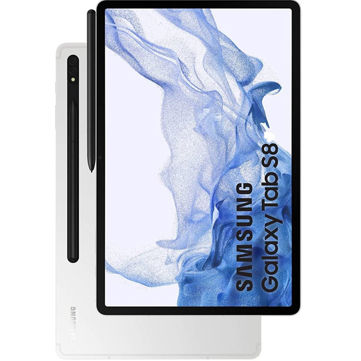 Front and back view of Samsung Galaxy Tab S8+ 5G tablet featuring a 12.4-inch 120Hz Super AMOLED display and a premium aluminum chassis on a white background.