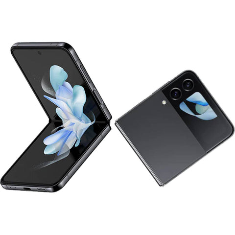 Samsung Galaxy Z Flip 4 standing in Flex Mode at a 90-degree angle, highlighting its compact clamshell design and matte finish aluminum frame.