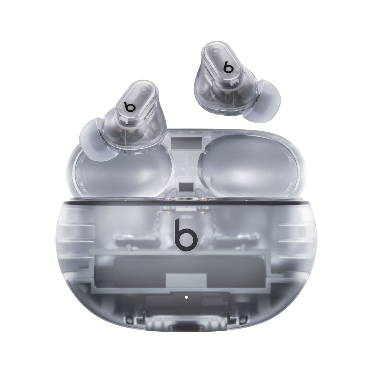 Closed Beats Studio Buds Plus charging case front view, highlighting the compact pebble shape and central Beats logo.