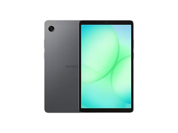 Samsung tablet with a green and blue gradient screen on a white background